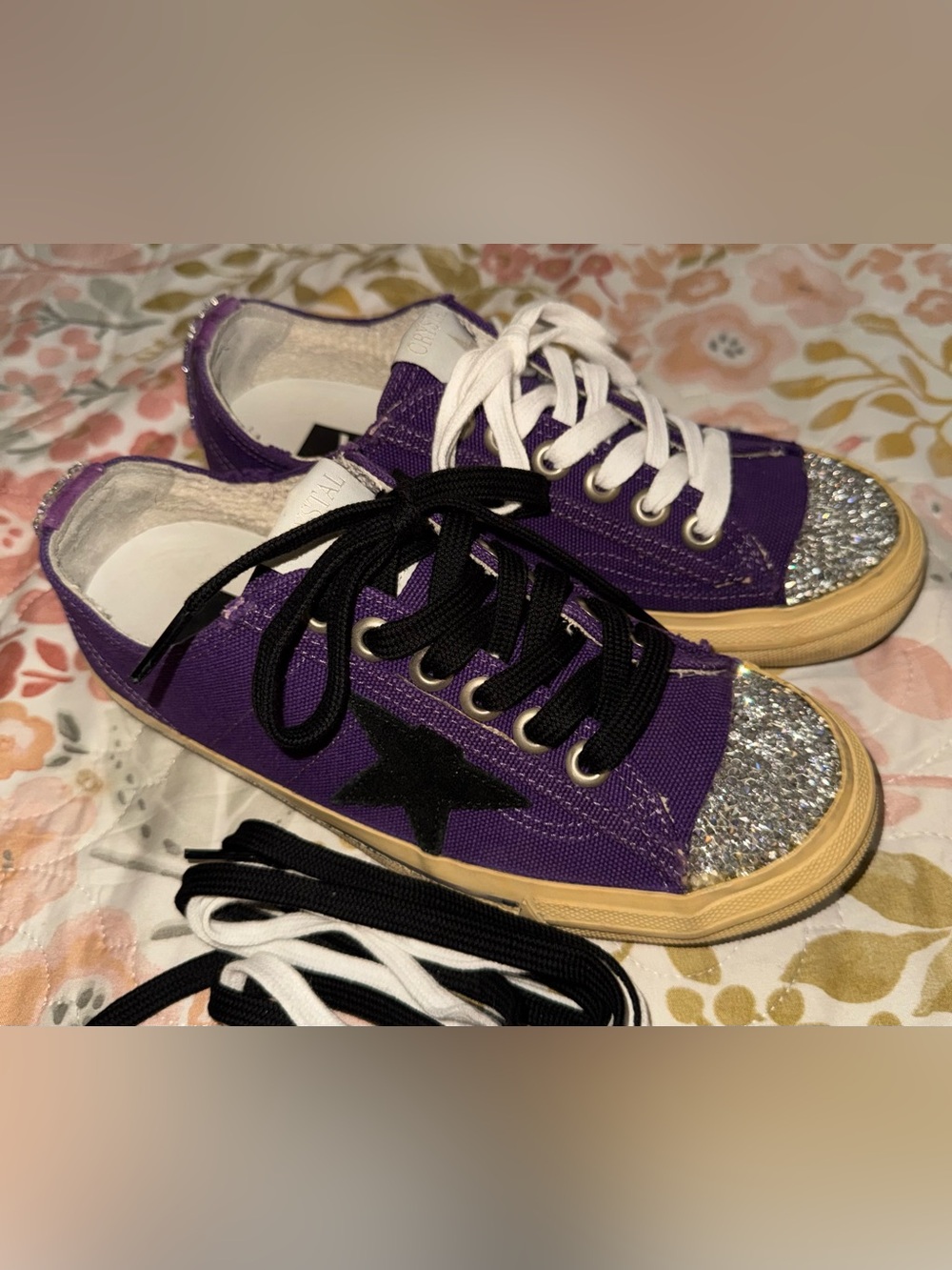 Golden Goose Swarovski Crystal Purple Canvas V-Star Size 37